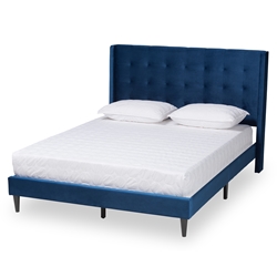 Baxton Studio Gothard Modern and Contemporary Navy Blue Velvet Fabric Upholstered and Dark Brown Finished Wood Queen Size Platform Bed